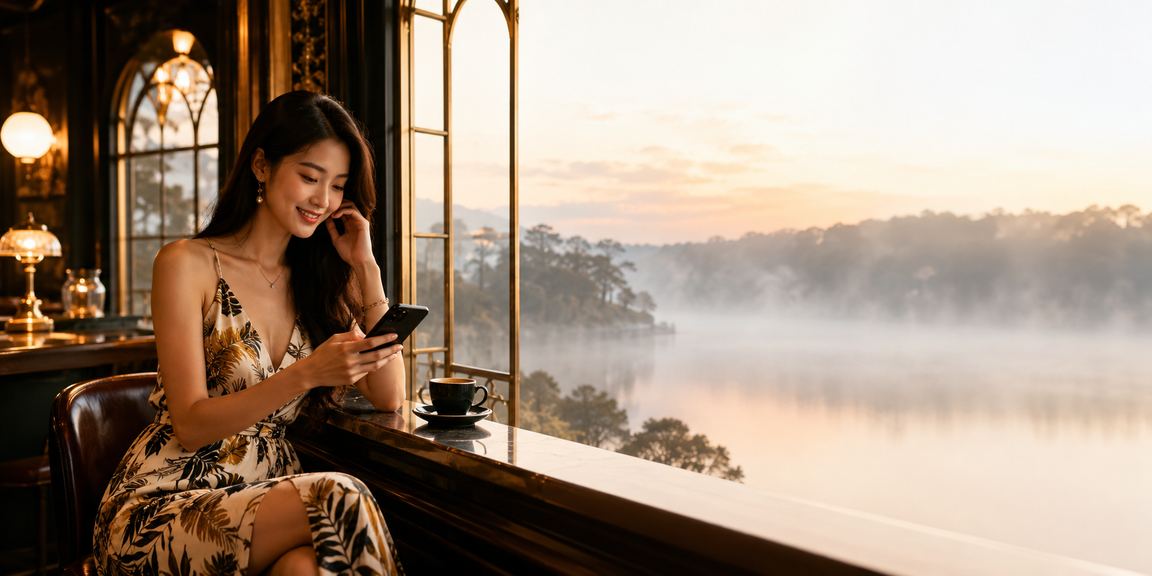 Người dùng trải nghiệm casino và thể thao trực tuyến tại Đà Lạt bên tách cà phê