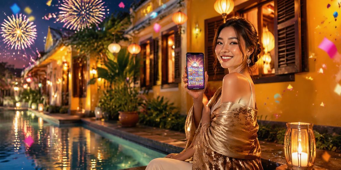Người dùng trải nghiệm ứng dụng casino trong không gian lễ hội đèn lồng Hội An